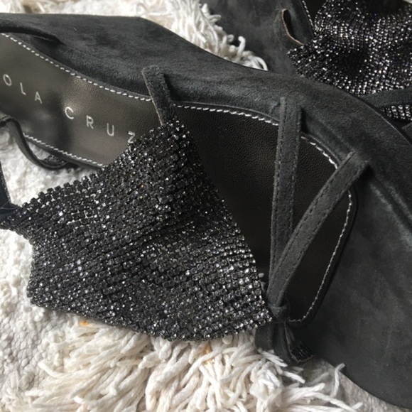 New NWOT Lola Cruz Crystal Mesh Rhinestone Suede Platform Wedge Formal Sandal - Picture 6 of 9